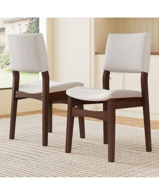 Upholstered Stackable Dining Chairs Set of 2 - Linen Fabric, Solid Wood Frame