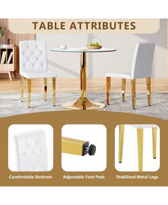 4-pack White PU dining chairs, ergonomic buckle backrest, 35"H, gold legs.