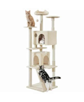 Multi-level Cat Tree Tower with Cat-ear Perch 2 Caves Sisal Posts Climbing Ladder Replaceable Balls Pet Activity Center