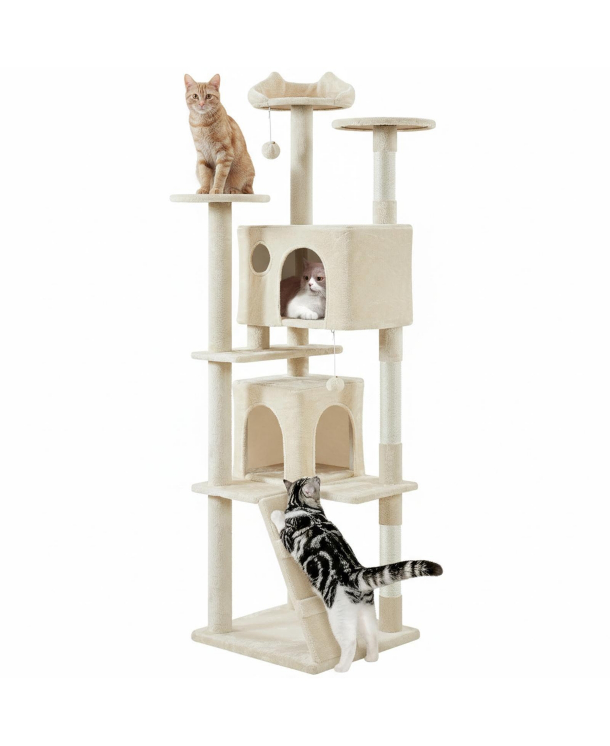 Aronkl Multi-level Cat Tree Tower with Cat-ear Perch 2 Caves Sisal Posts Climbing Ladder Replaceable Balls Pet Activity Center