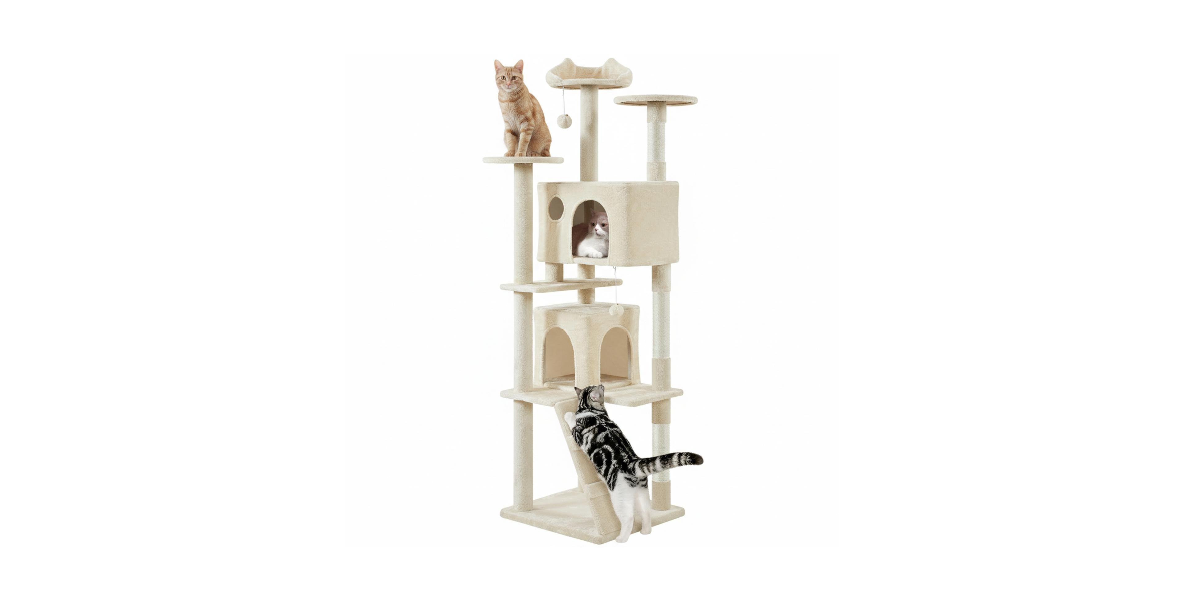 Aronkl Multi-level Cat Tree Tower with Cat-ear Perch 2 Caves Sisal Posts Climbing Ladder Replaceable Balls Pet Activity Center