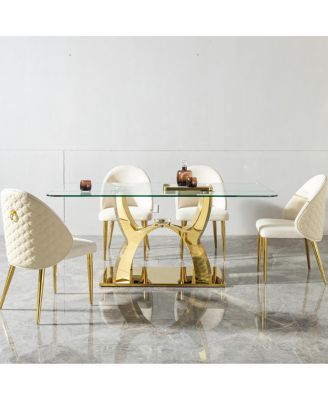 Luxury Glass Dining Table for 6, Clear Glass Top, Gold Curved Base