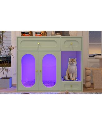 Cat Litter Box Enclosure with LED Light – White End Table with Storage Drawers & Acrylic Doors, Green