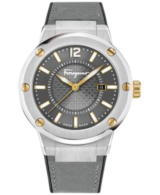 Ferragamo 腕時計(クォーツ) グレー Ferragamo Men's Swiss F-80 Gray Leather Strap Watch 44mm FIF07
