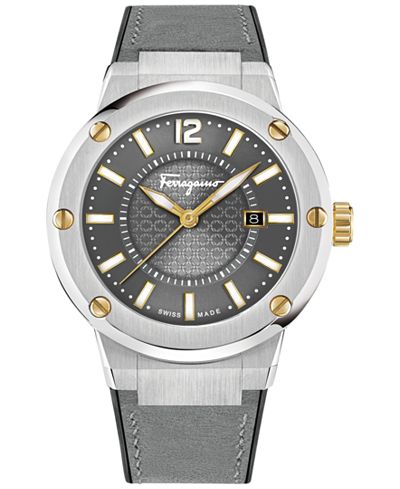 Ferragamo Men's Swiss F-80 Gray Leather Strap Watch 44mm FIF07 0016