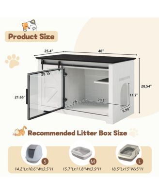 Farmhouse Cat Litter Box Enclosure with Sliding Barn Door – White Nightstand Cabinet with LED Light & Storage, Hidden Cat Furniture