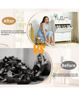 Shoe Storage Cabinet - Hidden Slim Shoe Organizer Rack with 2 Flip Drawers and 2 Drawers for Hallway, Entryway