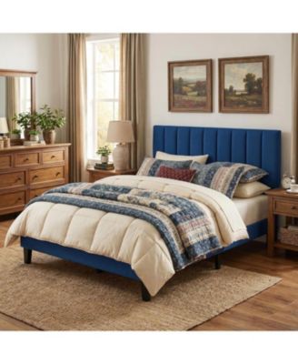 FULL Size Bed Frame, Velvet Upholstered Platform Bed with Adjustable Vertical Channel Tufted Headboard, No Box Spring Needed, Easy Assembly