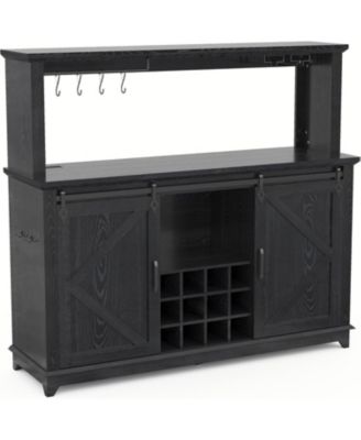Farmhouse 55" Coffee Bar Cabinet with Sliding Barn Door & Power Outlet & LED Light, Large Kitchen Hutch with Sliding Barn Door