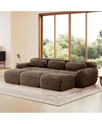 3-Seater Plush Fabric Sofa with Movable Ottoman, No Assembly Required