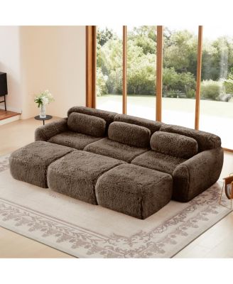 3-Seater Plush Fabric Sofa with Movable Ottoman, No Assembly Required