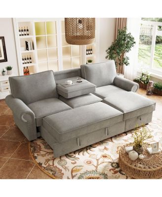 95" Convertible Sectional Sleeper Sofa w/ Storage Chaise & Cup Holders