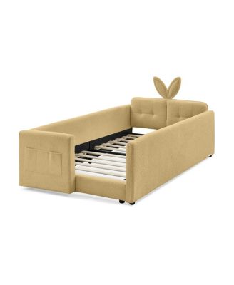 Twin Size Upholstered Platform Bed with Rabbit Ear Headboard & Safety Rail