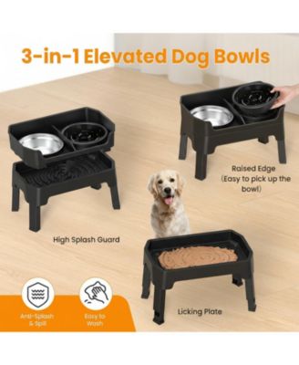 Mess Proof Slow Feeder Dog Bowl Stand 4 Height Adjustable Elevated with 2 Stainless Steel 1 Non Slip Bowls