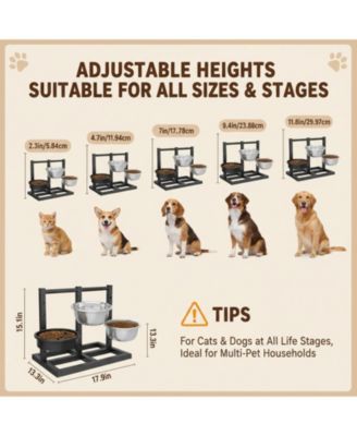 Dual Sided Elevated Dog Stand 5 Adjustable Heights 3 Bowls Slow Feeder Stainless Steel Non Slip