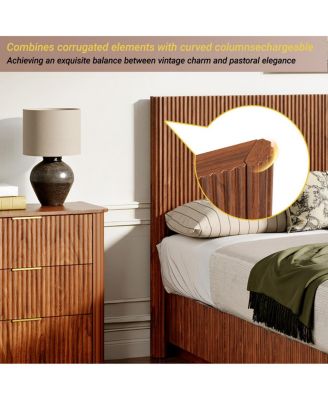 Queen Size Bed Frame with LED Lights, Modern Walnut Wood Design