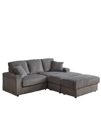 Streamdale 84" Corduroy 3-Seater Sofa w/ Pillows, Ottomans, Storage & Cup Holders