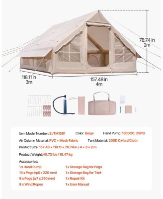 5-8 Person Inflatable Camping Tent with Hand Pump and Stove Jack