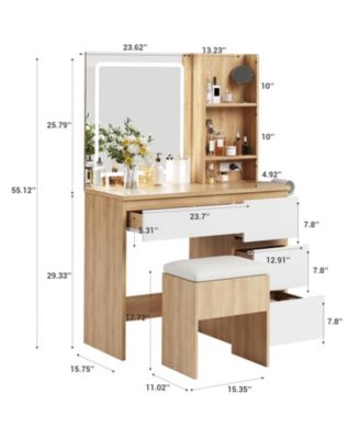 Makeup Vanity Set with Foldable Lighted Mirror, Drawers and Cushioned Stool