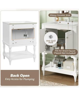 24" Bathroom Vanity with Ceramic Sink, Solid Wood Legs, Carved Palace Style Cabinet, Open Shelf for Small Bathroom