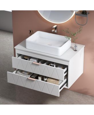 Floating Bathroom Vanity with Ceramic Vessel Sink, 2 Soft-Close Drawers, Modern Solid Wood Wall Mounted Cabinet