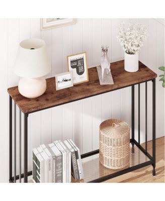 41.5" Narrow Industrial 2-Tier Console Table with Glass Shelf and Metal Frame