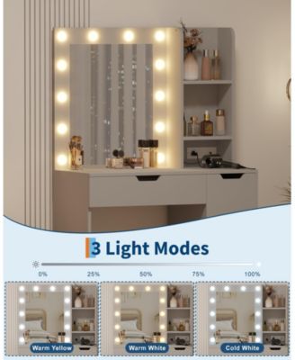 Kids Vanity Desk with 3-Color Touch Control Tri-Fold Lighted Mirror