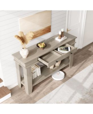54" Farmhouse Rectangular Wooden Console Table with Drawers and Open Shelf