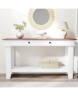 54" Farmhouse Rectangular Wooden Console Table with Drawers and Open Shelf