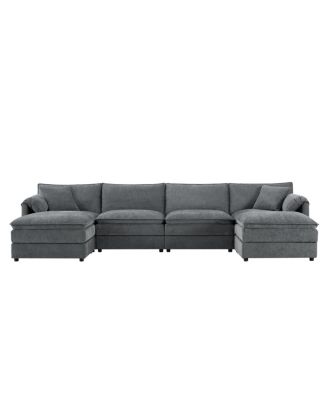136" Chenille Modular Sectional Sofa with Deep Seat & Movable Ottoman