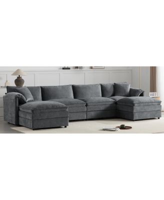 136" Chenille Modular Sectional Sofa with Deep Seat & Movable Ottoman