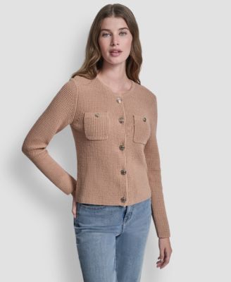 Women's Long-Sleeve Tuck Stitch Crewneck Cardigan