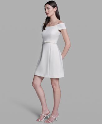 Women's Off-The-Shoulder Scuba Belted Mini Fit & Flare