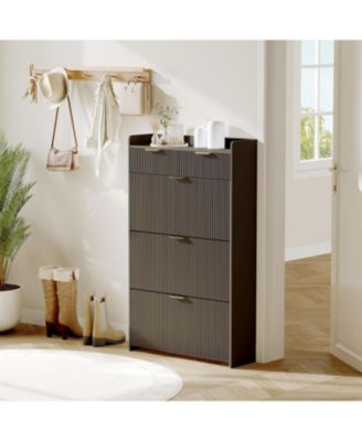 Modern Natural Shoe Cabinet with 3 Flip Drawers & 2 Small Drawers & Hook, Slim Fluted Shoe Storage Organizer, Narrow Entryway Cabinet