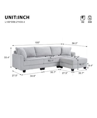 100-inch L-shaped corduroy sofa with modular seating and built-in charging ports