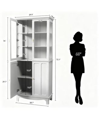 72" Freestanding Kitchen Pantry Cabinet Glass Door Adjustable Shelves