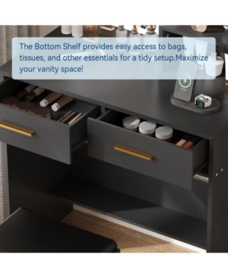 Makeup Vanity Set with Lighted Mirror, Chair, Drawers, Open Cabinet and Charging Station