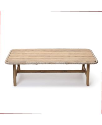 47" Outdoor Coffee Table for Patio, Acacia Wood Patio Table with Woven Trim, Rectangular Outdoor Table for Patio, Balcony, and Porch
