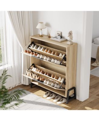Shoe Storage Cabinet with 2 Flip Drawers & Metal Legs, Freestanding Narrow Organizer, Adjustable Shelf Entryway Shoe Rack for Hallway