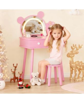 Kids Wooden Vanity Table and Chair Set with Touch Control Lighted Mirror and Drawers