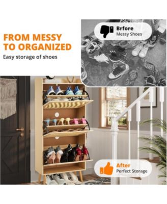 Shoe Cabinet - Hidden Shoe Storage with 3 Flip Rattan Flip-Drawer and Anti-Tip Design, Shoe Cabinet for Entryway