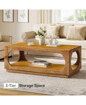 Solid Wood Coffee Table, 47.2" Farmhouse Wooden Center Tables, 2-Tier Rectangular Cocktail Tea Table