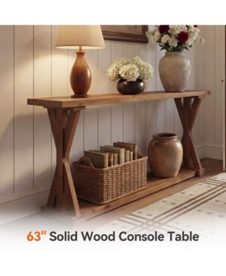 Solid Wood Console Table for Entryway, 63-Inch Narrow Farmhouse Entryway Table, 2-Tier Sofa Console Behind Couch