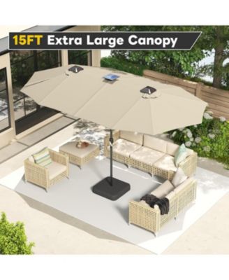 15ft Double-Sided Patio Umbrella with Solar Lights with Base Include Crank Handle|156 Piece LED Lights