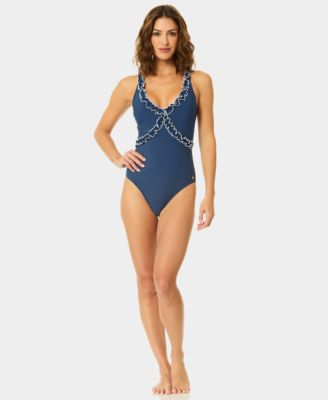 Women's Scoop Neck Contrast Ruffle One-Piece Swimsuit