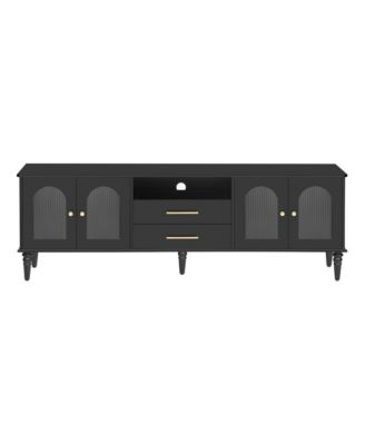  68.9" Retro TV Stand - Fluted Glass Doors, Wood Legs
