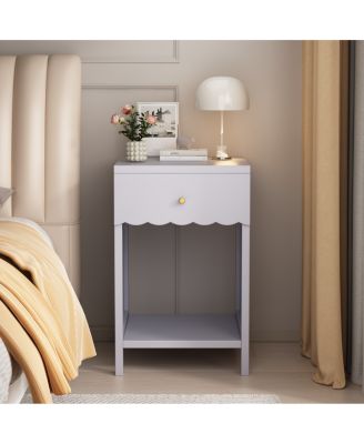 Modern Nightstand with Drawer and Open Shelf, Scalloped Edge Bedside Table
