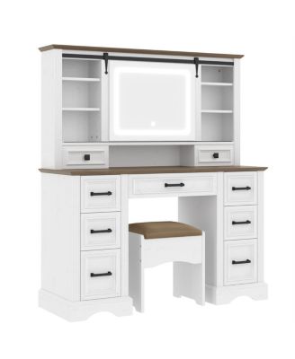 Streamdale Farmhouse Makeup Vanity Desk with Sliding Mirror, LED Lights, Stool & 9 Drawers