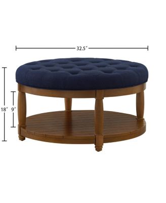 Large Tufted Linen Ottoman Coffee Table with Wood Shelf