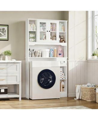 Over Toilet Storage Cabinet 2 Glass Doors Paper Holder Adjustable Shelves Bathroom Laundry